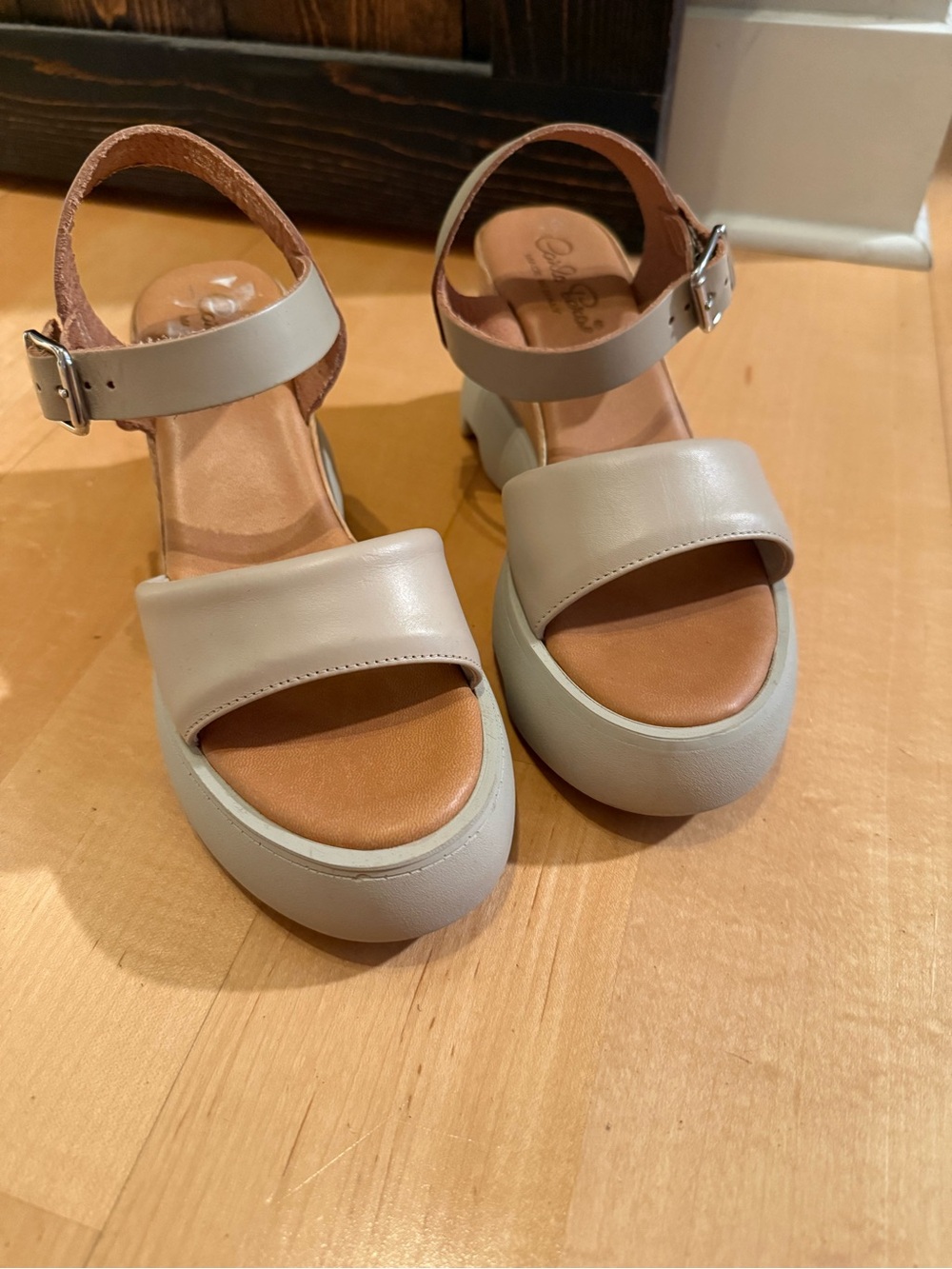 Carlo Perai Women's Beige Platform Sandals with Ankle Strap.Made in Italy.